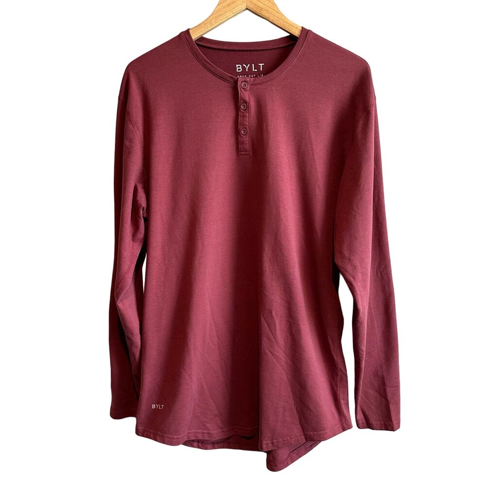 BYLT Drop Cut Henley Long Sleeve Shirt Red L
